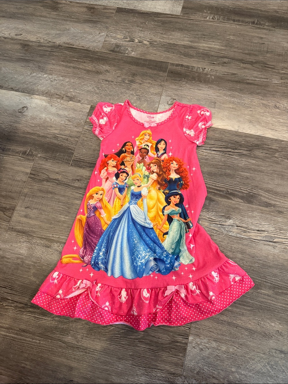 Disney Girls' Bright Pink Princess Nightgown with Multicolor Princess Print